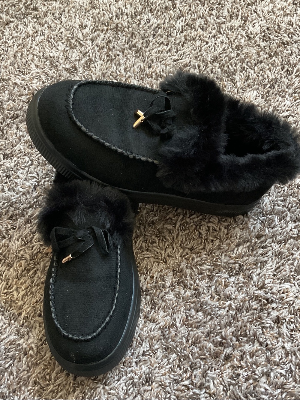 Black Faux Fur Trim Slip-On Loafers